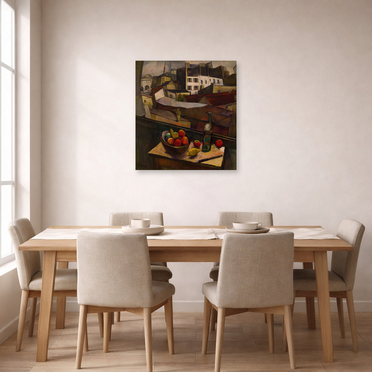 Unframed poster print of Diego Rivera's Knife and Fruit in Front of the Window displayed on a wall in a dining room