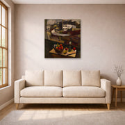 Unframed poster print of Diego Rivera's Knife and Fruit in Front of the Window displayed on a wall in a living room