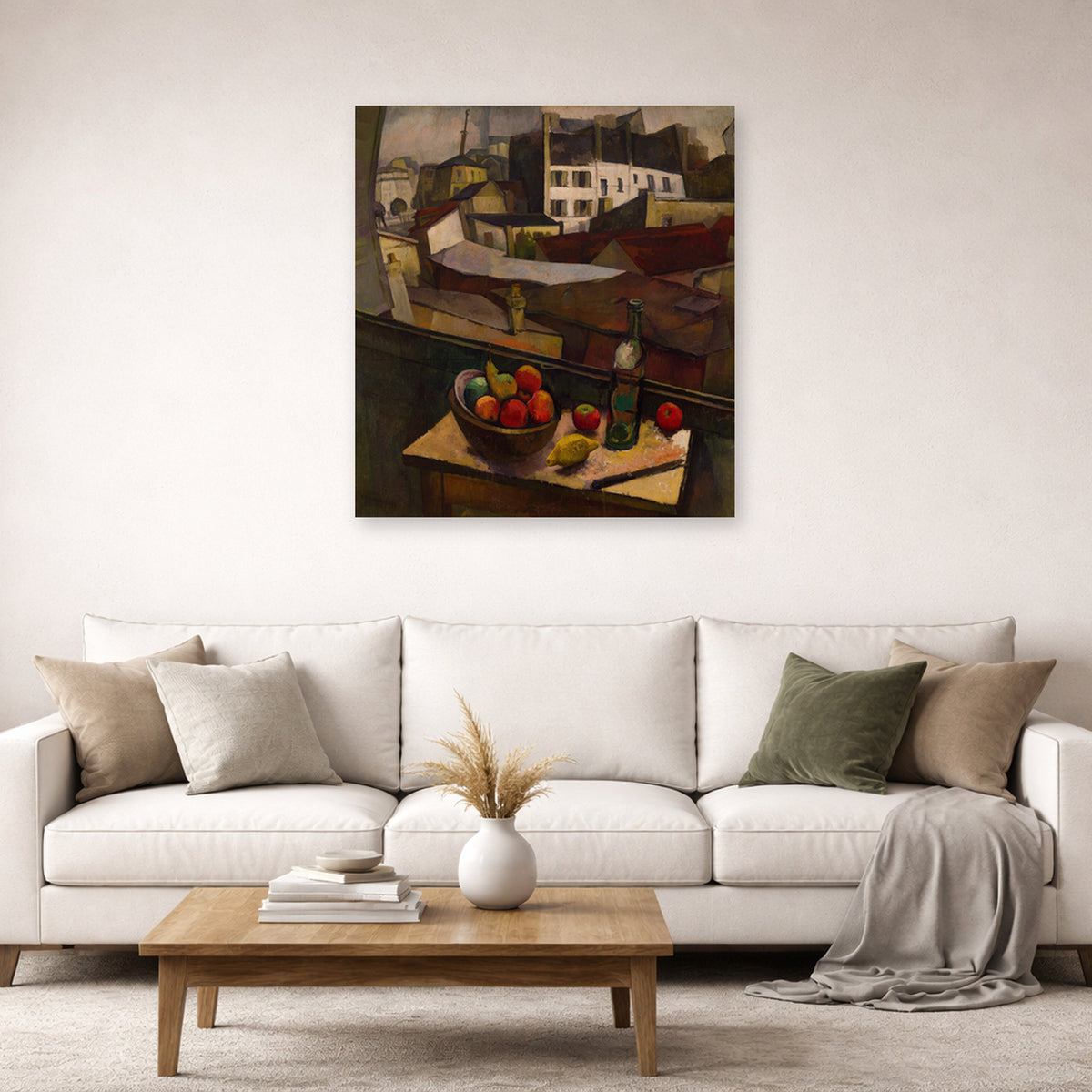 Unframed poster print of Diego Rivera's Knife and Fruit in Front of the Window displayed on a wall in a living room