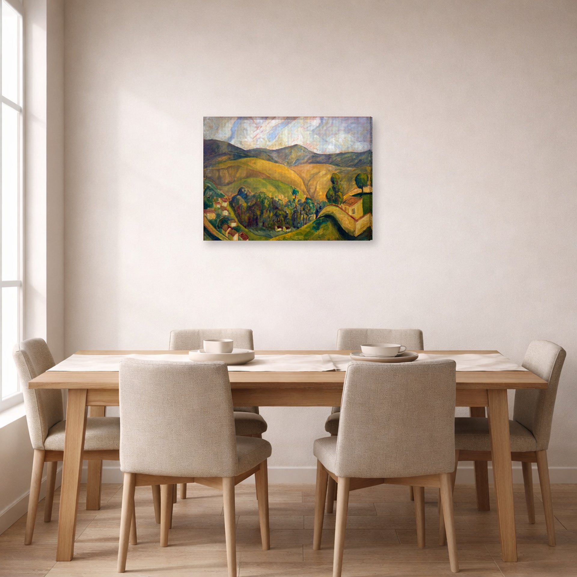 Gallery-wrapped canvas print of Diego Rivera's Landscape displayed on a wall in a dining room