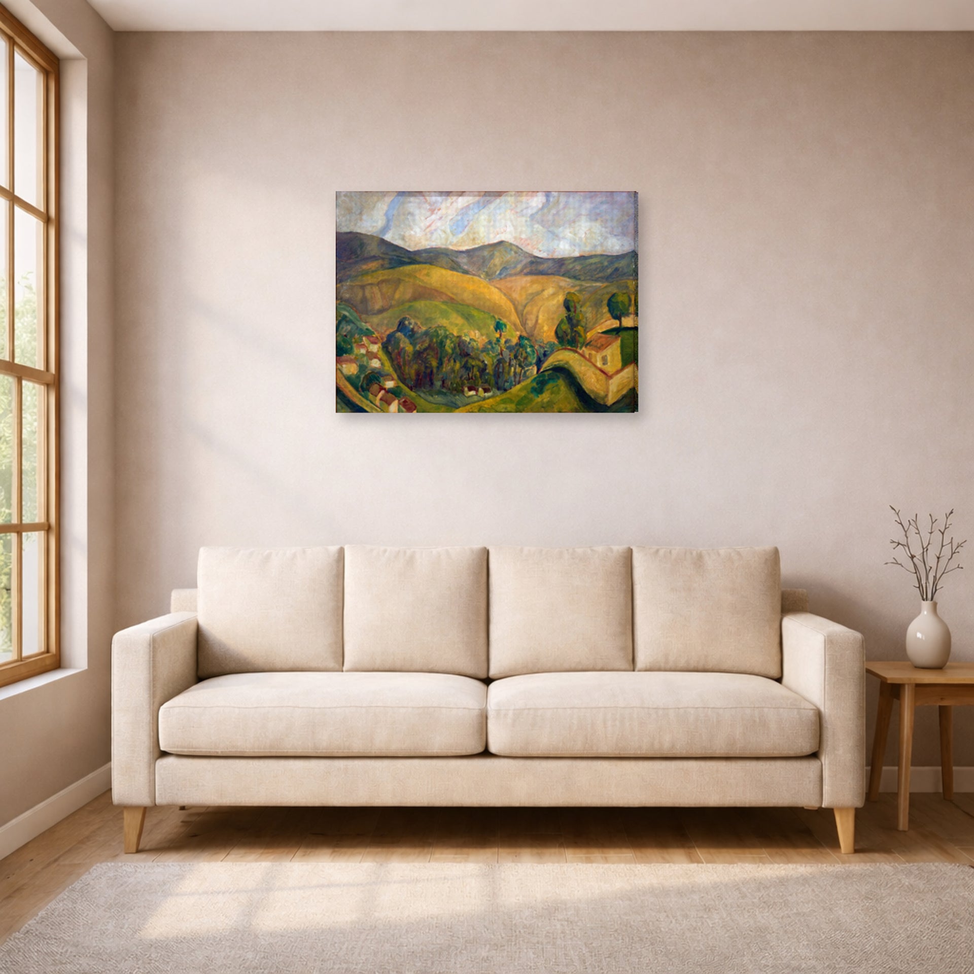 Gallery-wrapped canvas print of Diego Rivera's Landscape displayed on a wall in a living room