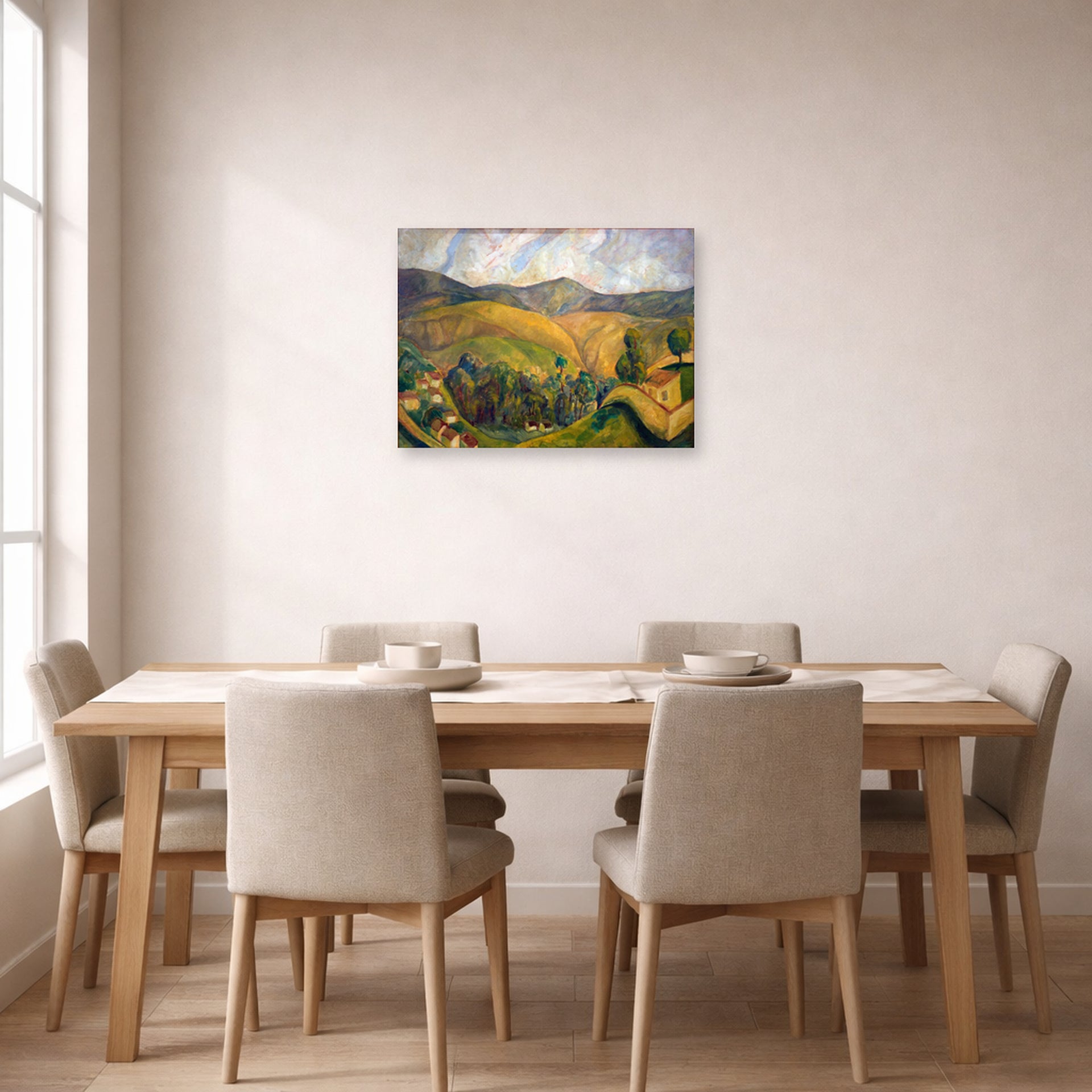 Unframed poster print of Diego Rivera's Landscape displayed on a wall in a dining room