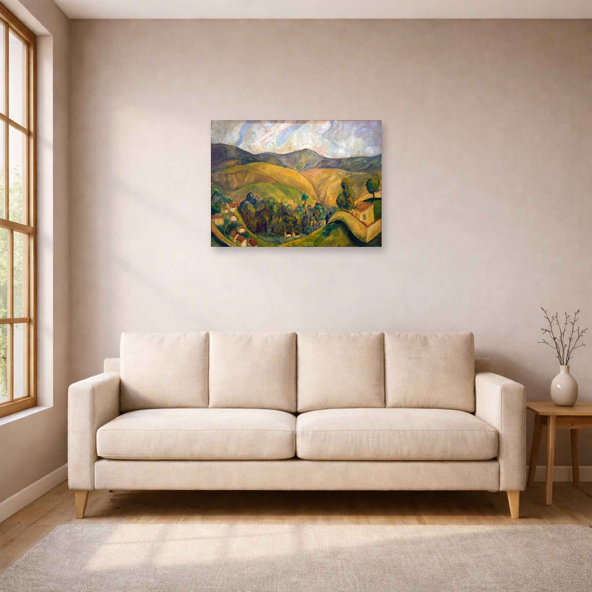 Unframed poster print of Diego Rivera's Landscape displayed on a wall in a living room