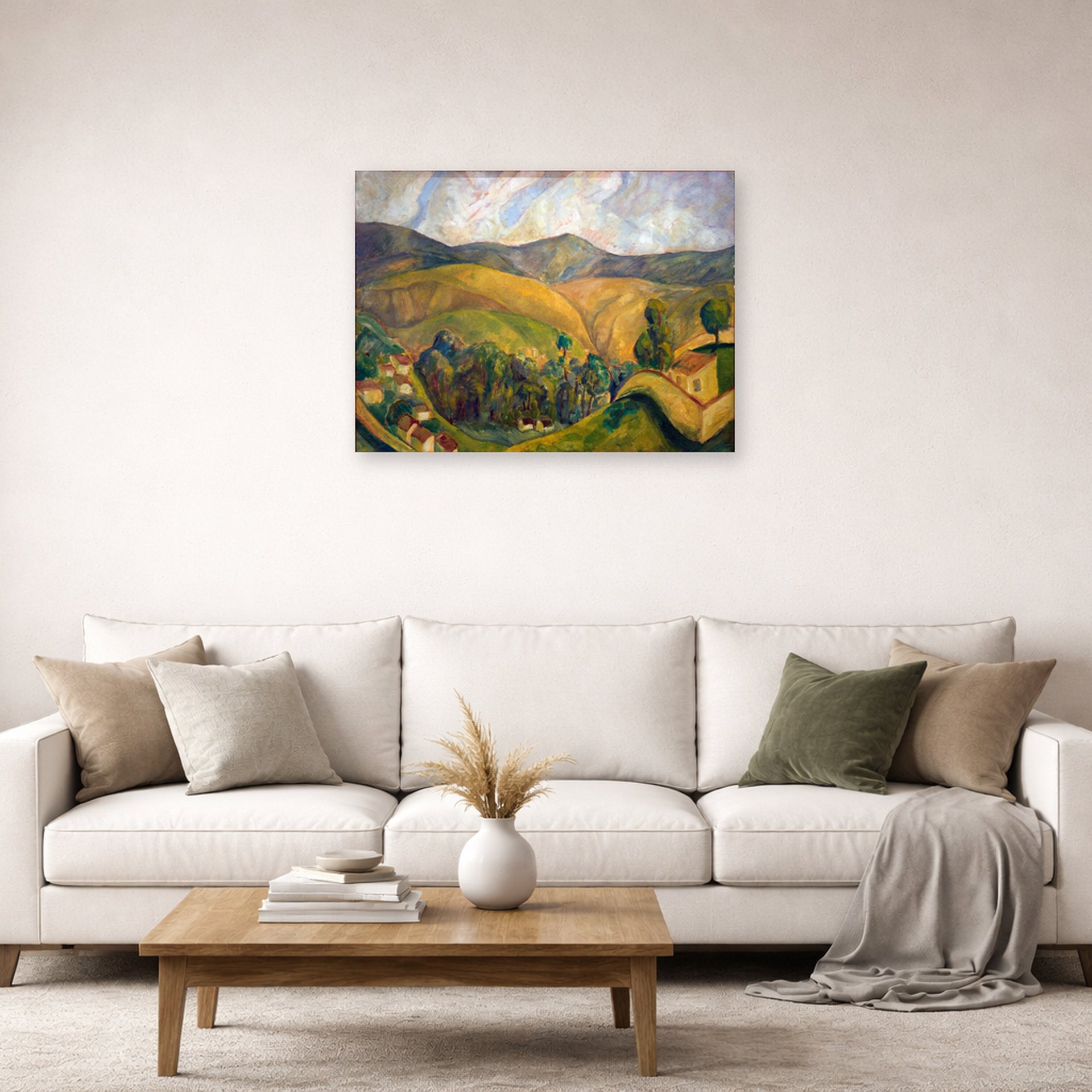 Unframed poster print of Diego Rivera's Landscape displayed on a wall in a living room