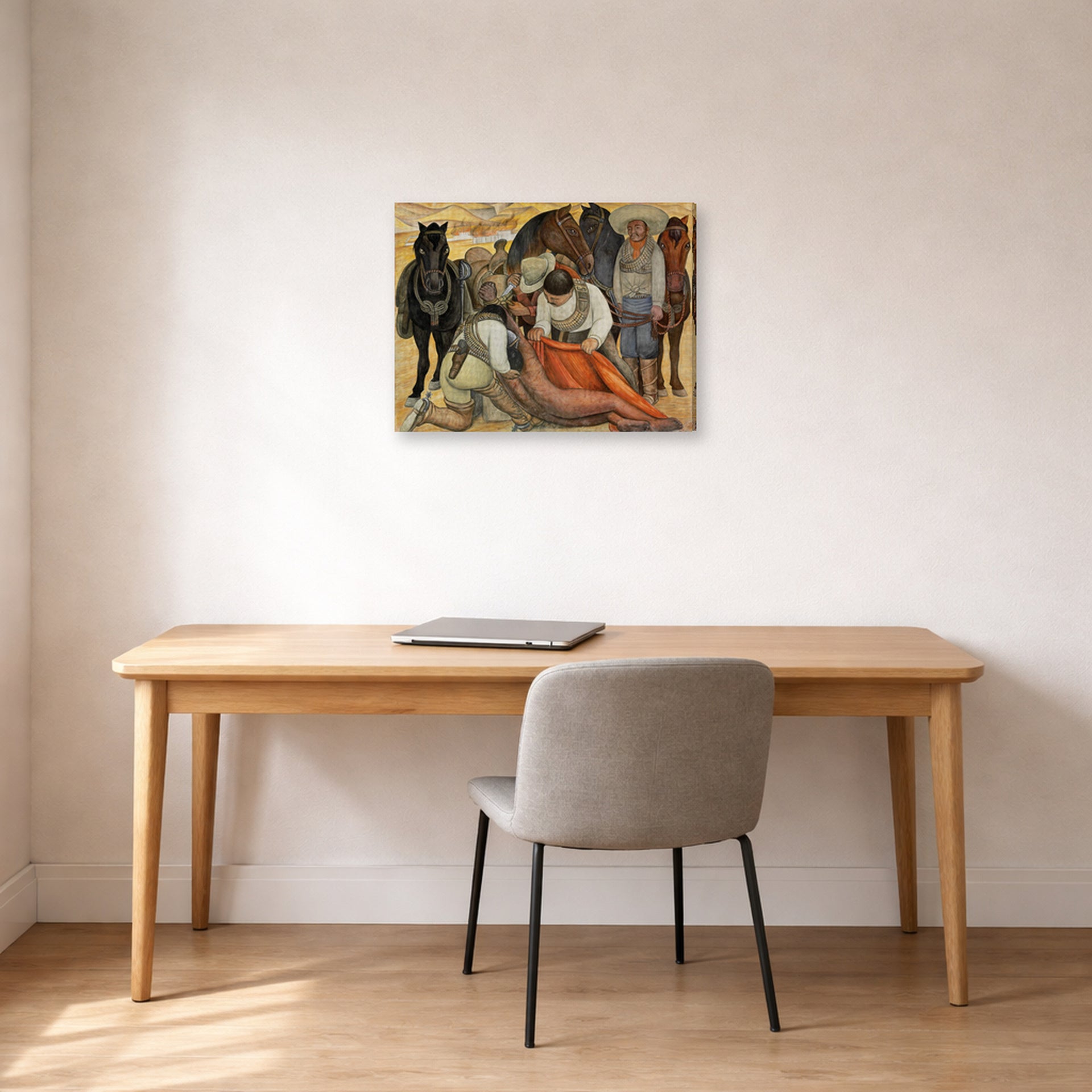 Gallery-wrapped canvas print of Diego Rivera's Liberation of the Peon displayed on a wall in a home office