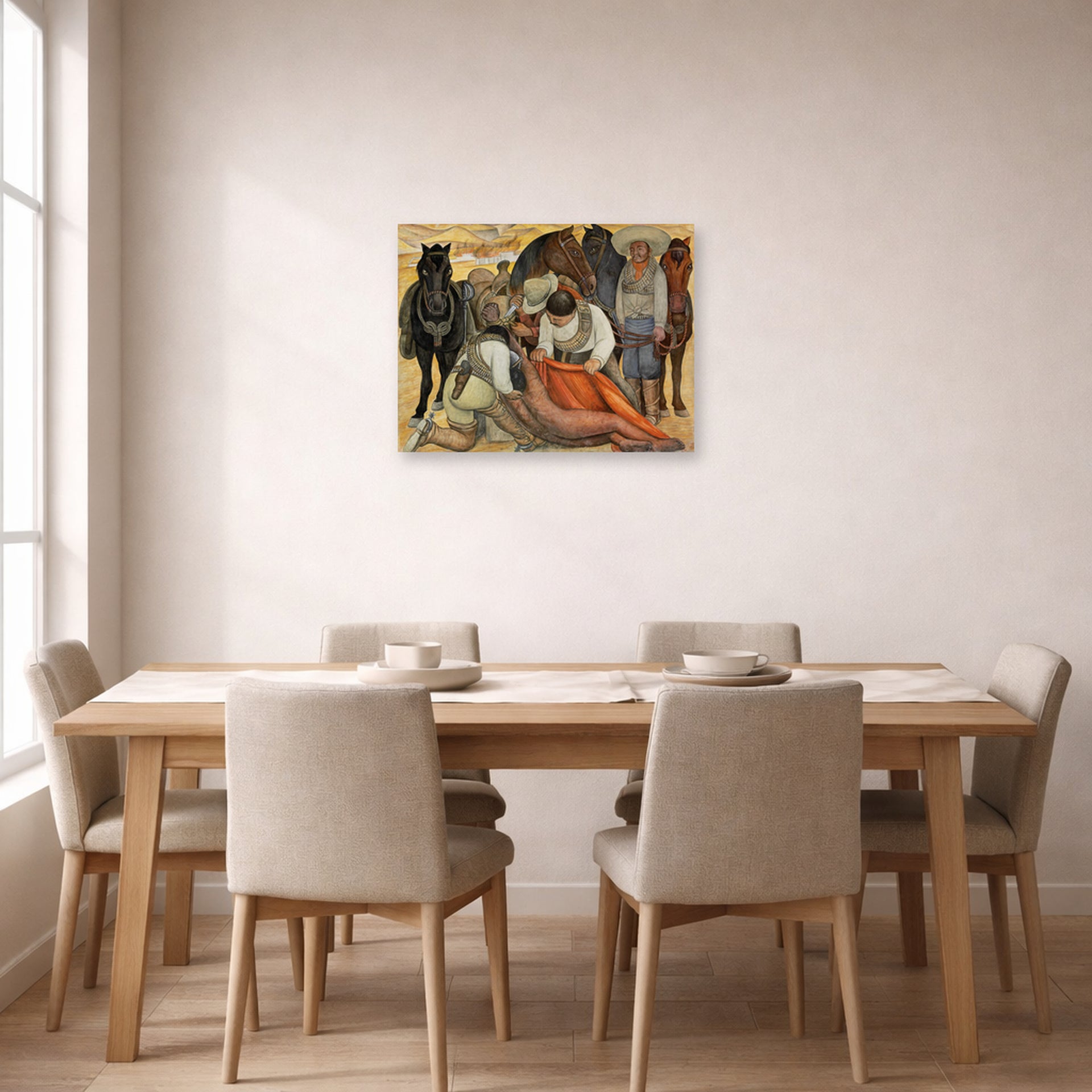 Unframed poster print of Diego Rivera's Liberation of the Peon displayed on a wall in a dining room