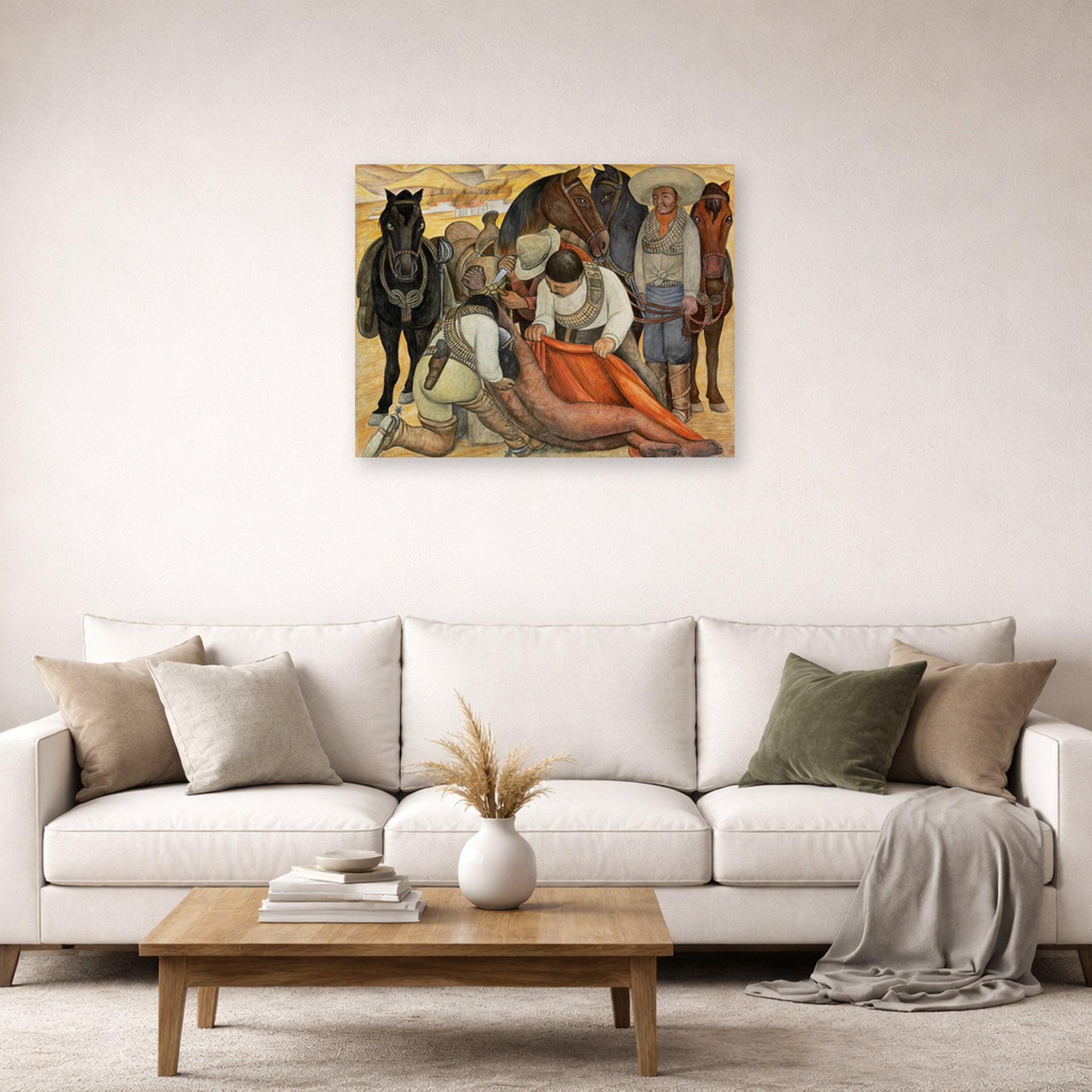 Unframed poster print of Diego Rivera's Liberation of the Peon displayed on a wall in a living room