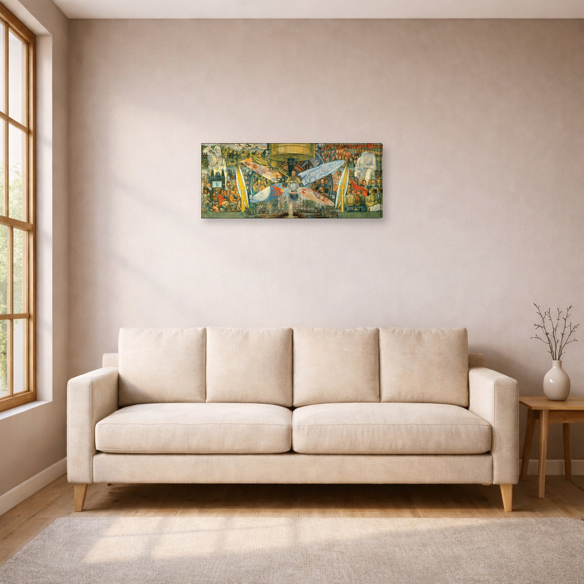 Gallery-wrapped canvas print of Diego Rivera's Man at the Crossroads displayed on a wall in a living room