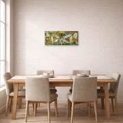 Unframed poster print of Diego Rivera's Man at the Crossroads displayed on a wall in a dining room