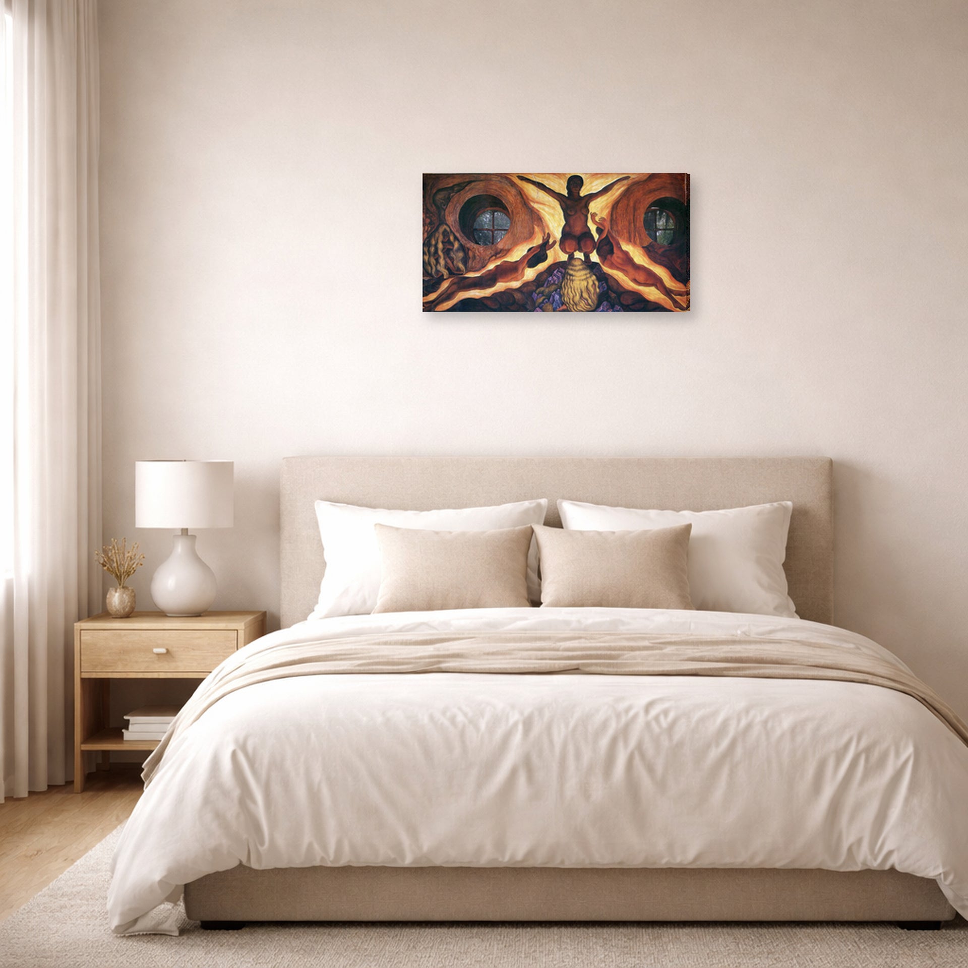 Gallery-wrapped canvas print of Diego Rivera's Subterranean Forces displayed on a wall in a bedroom