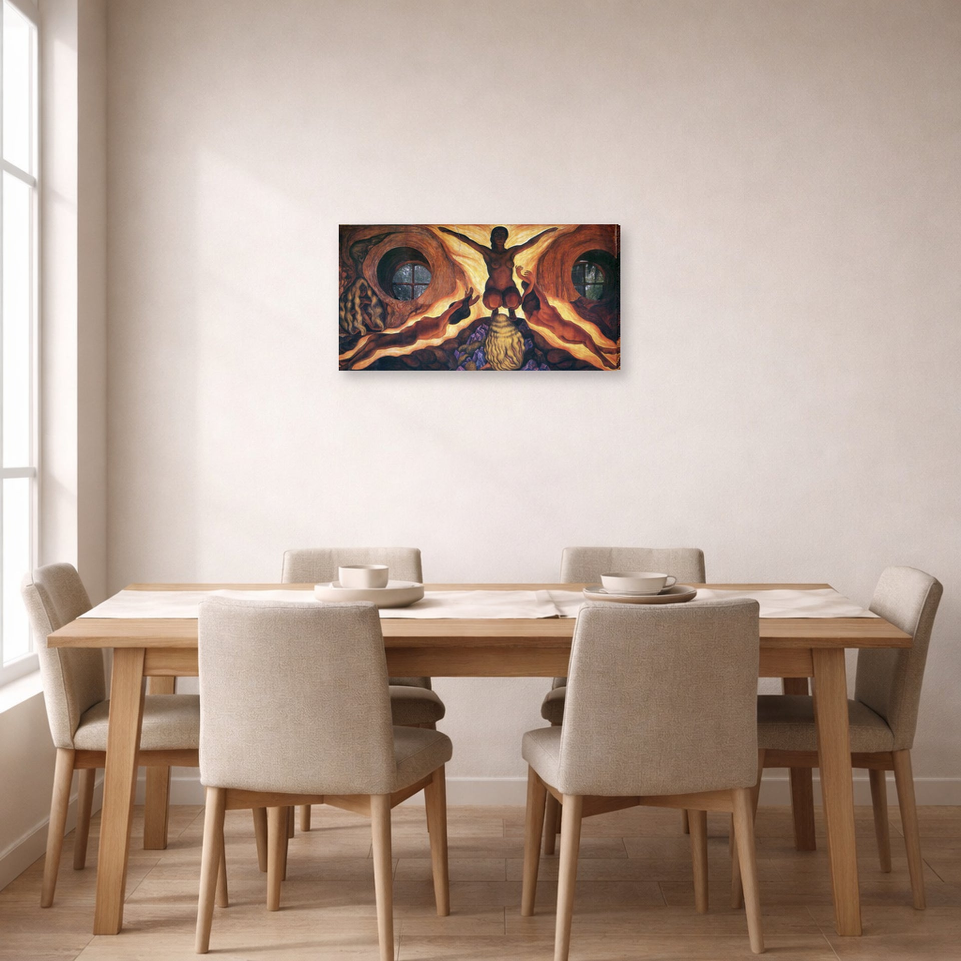 Gallery-wrapped canvas print of Diego Rivera's Subterranean Forces displayed on a wall in a dining room