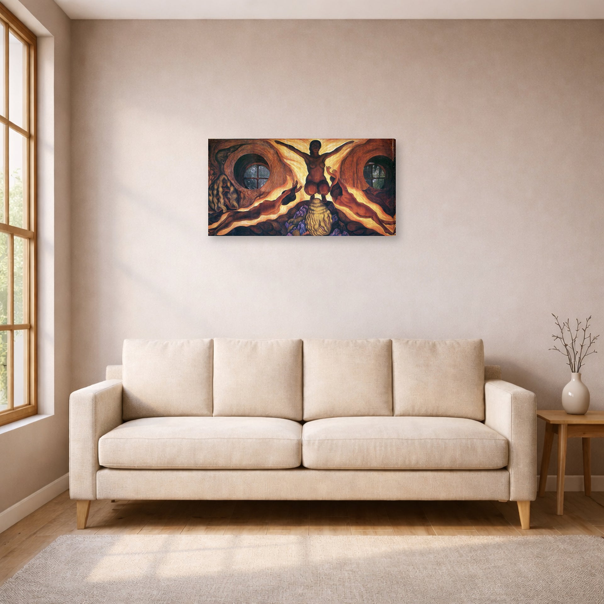 Gallery-wrapped canvas print of Diego Rivera's Subterranean Forces displayed on a wall in a living room
