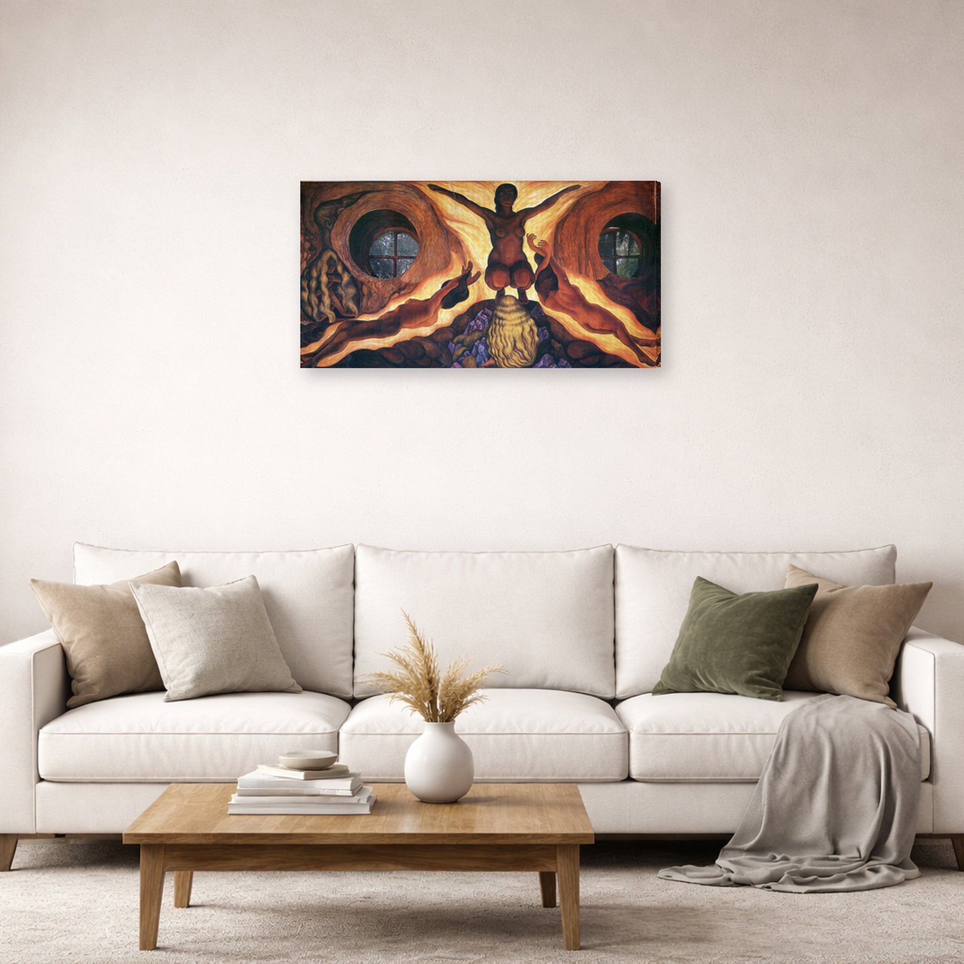 Gallery-wrapped canvas print of Diego Rivera's Subterranean Forces displayed on a wall in a living room