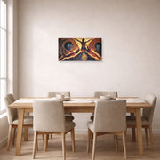 Unframed poster print of Diego Rivera's Subterranean Forces displayed on a wall in a dining room