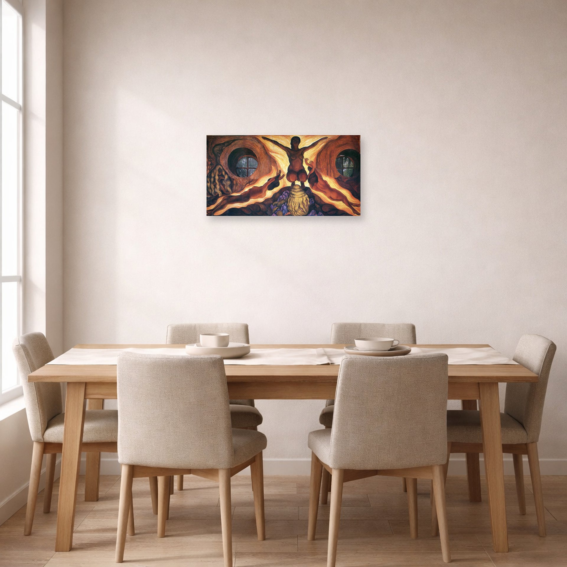 Unframed poster print of Diego Rivera's Subterranean Forces displayed on a wall in a dining room