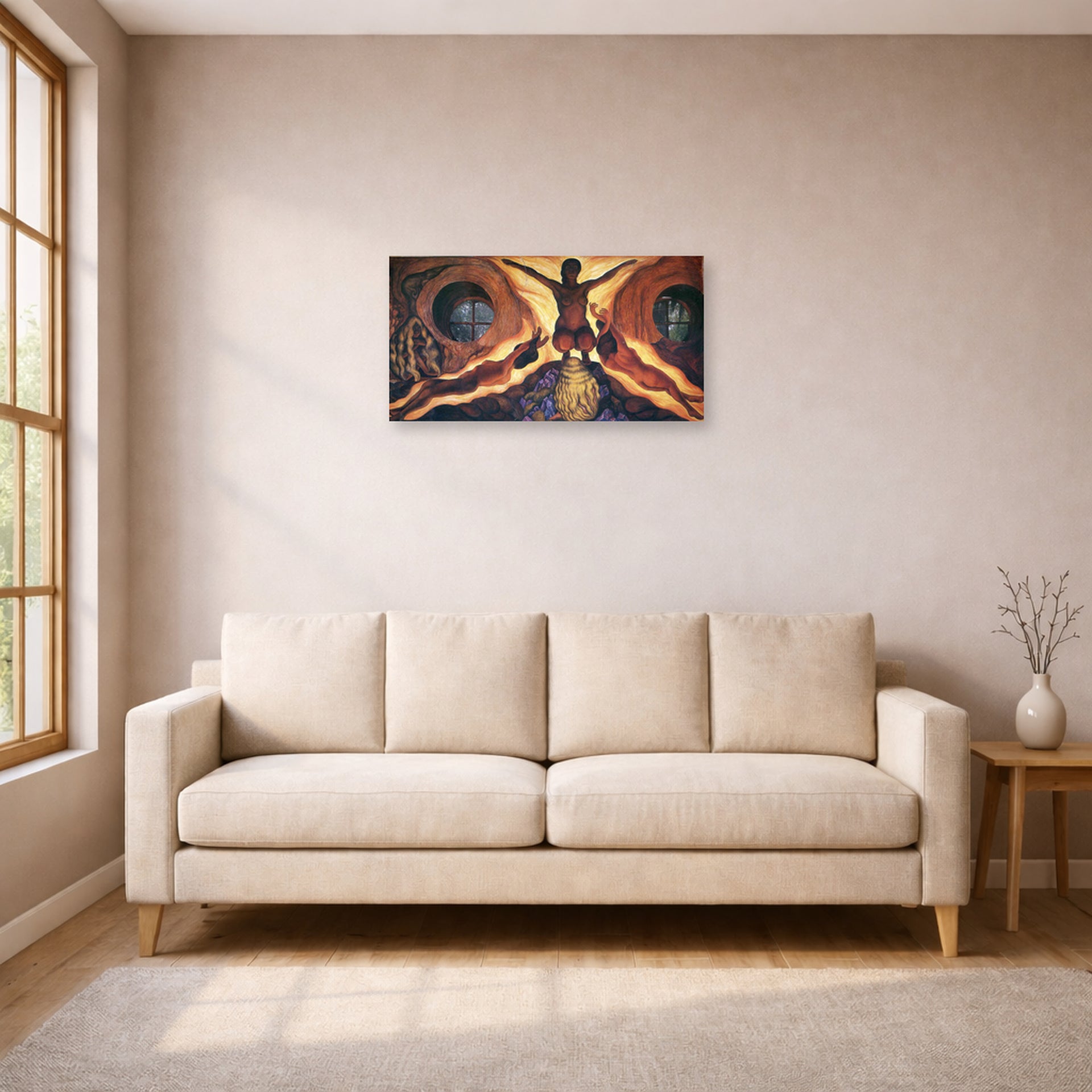 Unframed poster print of Diego Rivera's Subterranean Forces displayed on a wall in a living room