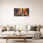 Unframed poster print of Diego Rivera's Subterranean Forces displayed on a wall in a living room
