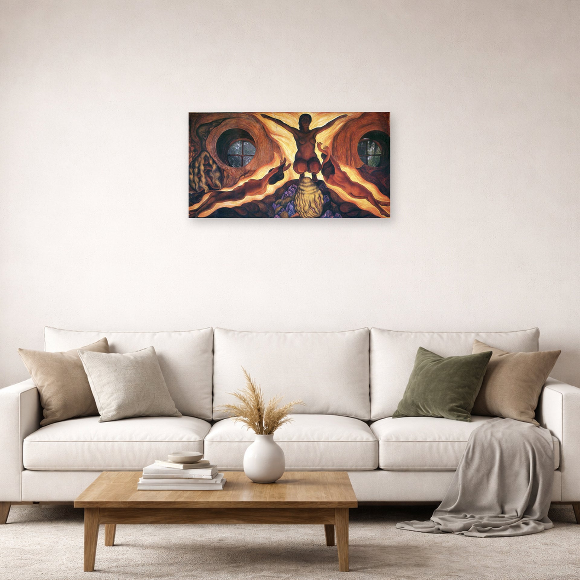 Unframed poster print of Diego Rivera's Subterranean Forces displayed on a wall in a living room
