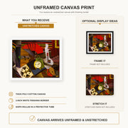 Diego Rivera - The Alarm Clock canvas print size comparison and framing display infographic