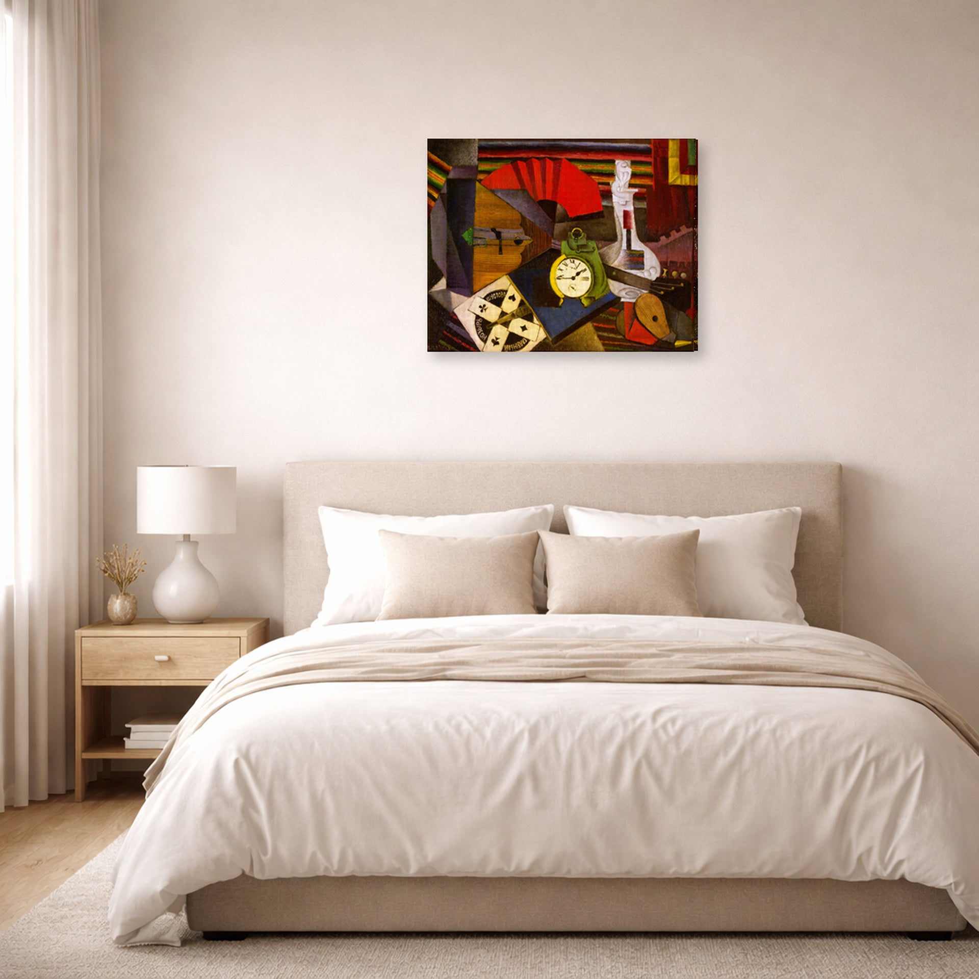 Gallery-wrapped canvas print of Diego Rivera's The Alarm Clock displayed on a wall in a bedroom