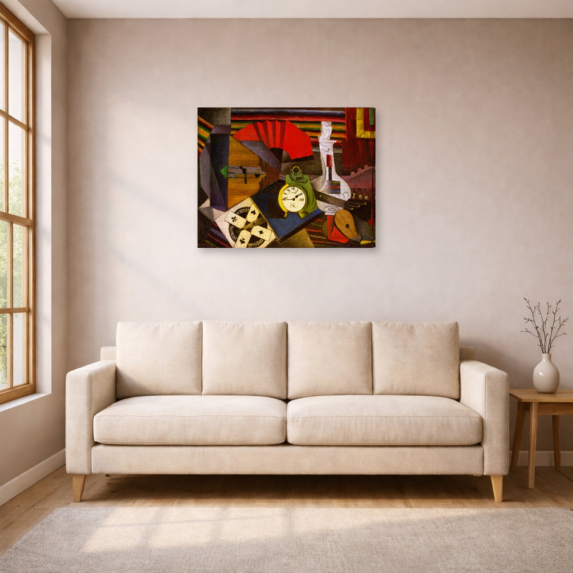 Gallery-wrapped canvas print of Diego Rivera's The Alarm Clock displayed on a wall in a living room