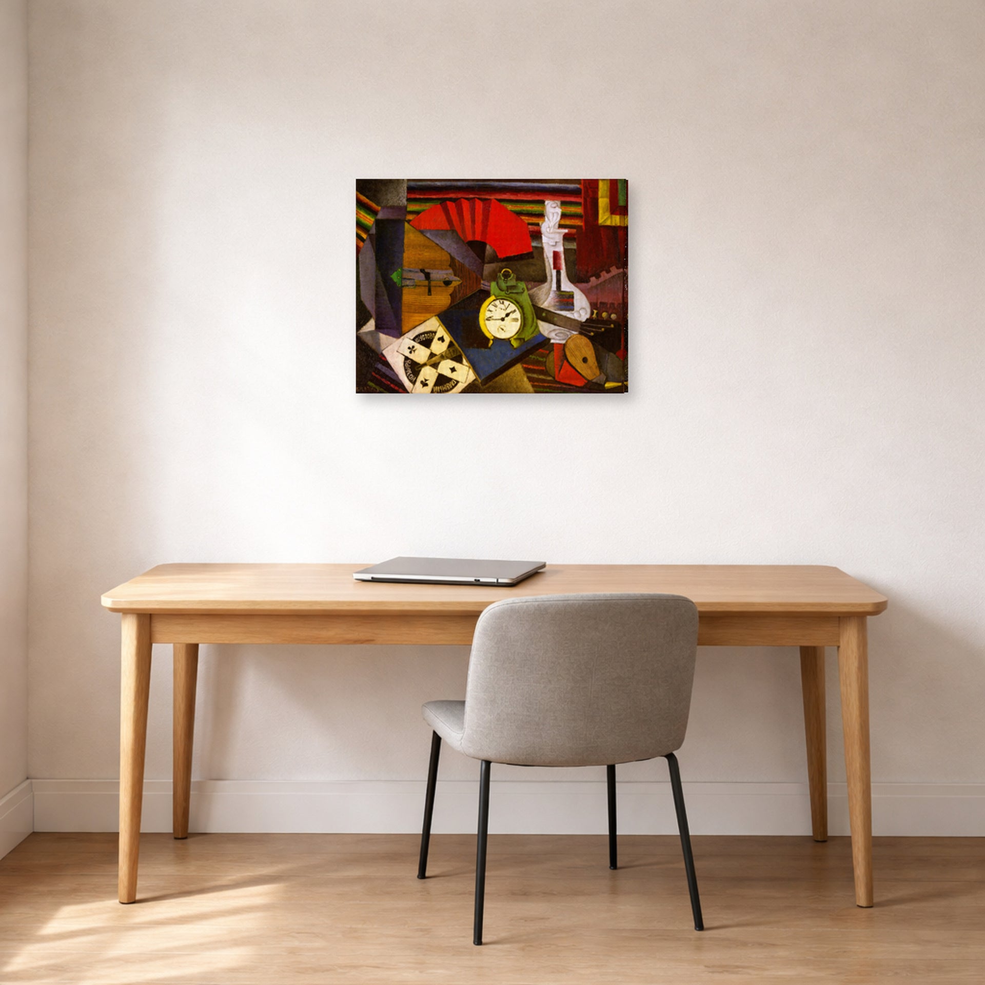 Gallery-wrapped canvas print of Diego Rivera's The Alarm Clock displayed on a wall in a home office