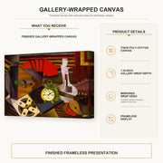 Diego Rivera - The Alarm Clock gallery wrap canvas construction and hanging details infographic