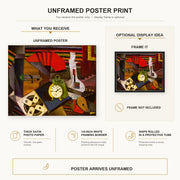 Diego Rivera - The Alarm Clock poster print size comparison and framing display infographic