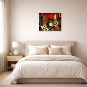 Unframed poster print of Diego Rivera's The Alarm Clock displayed on a wall in a bedroom