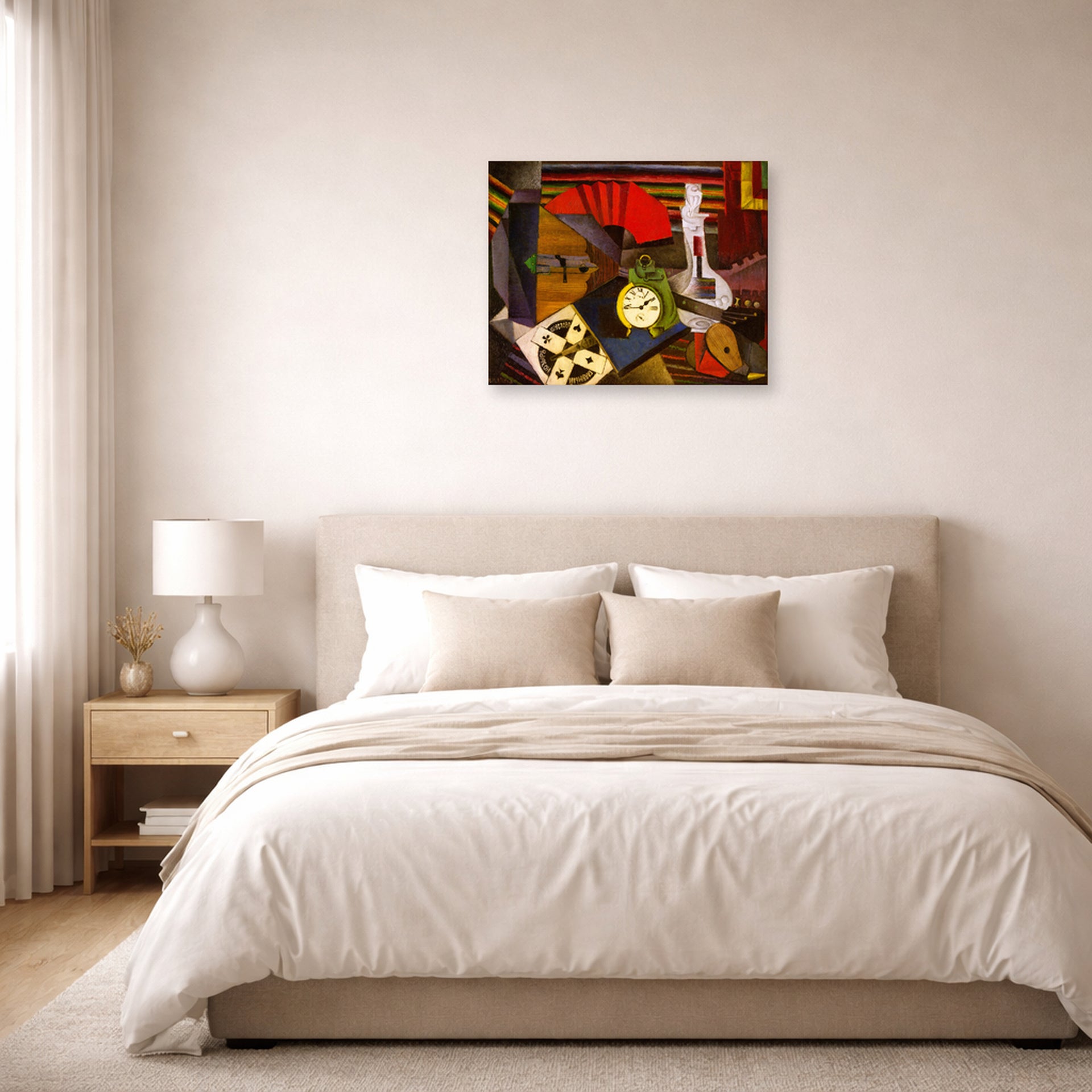 Unframed poster print of Diego Rivera's The Alarm Clock displayed on a wall in a bedroom