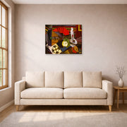 Unframed poster print of Diego Rivera's The Alarm Clock displayed on a wall in a living room
