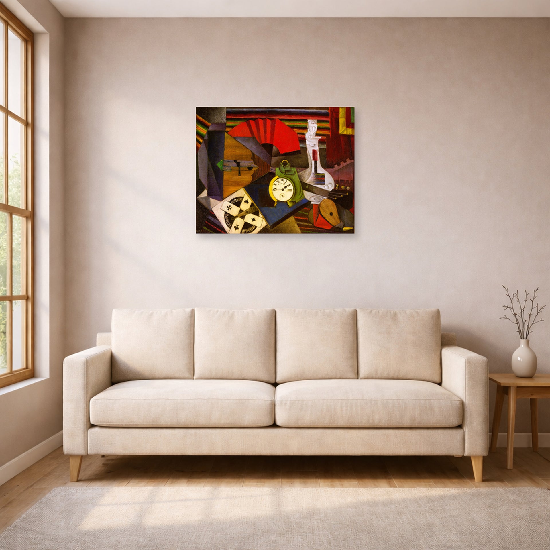 Unframed poster print of Diego Rivera's The Alarm Clock displayed on a wall in a living room