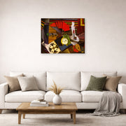 Unframed poster print of Diego Rivera's The Alarm Clock displayed on a wall in a living room