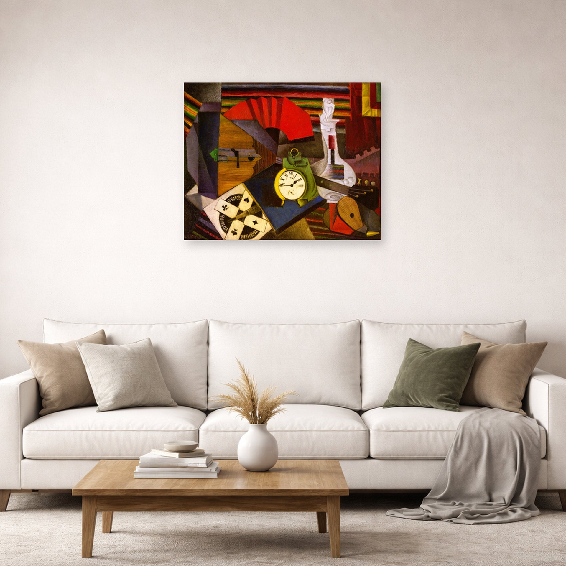 Unframed poster print of Diego Rivera's The Alarm Clock displayed on a wall in a living room