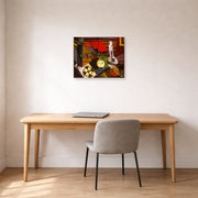 Unframed poster print of Diego Rivera's The Alarm Clock displayed on a wall in a home office