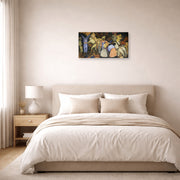 Gallery-wrapped canvas print of Diego Rivera's The Exploiters displayed on a wall in a bedroom