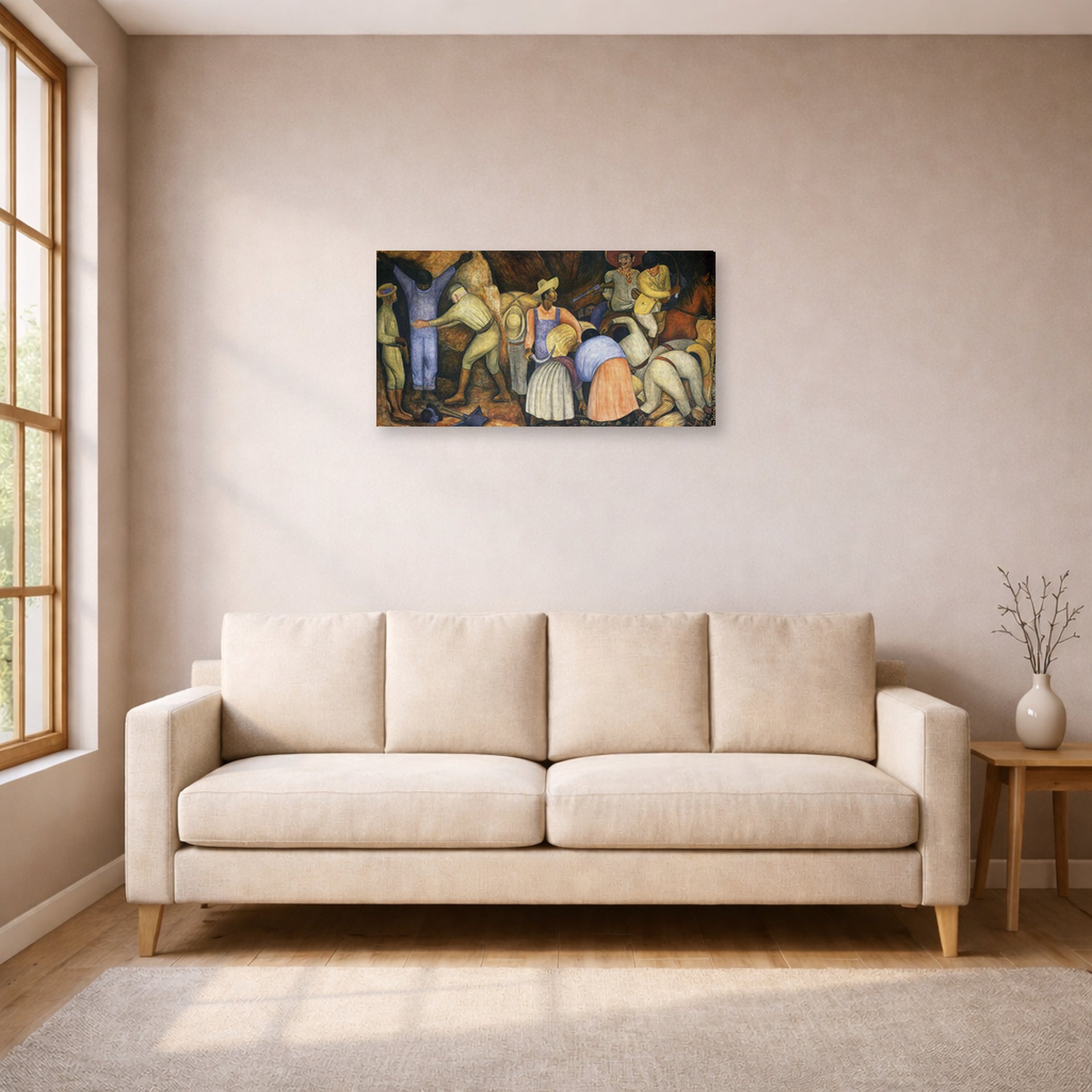 Gallery-wrapped canvas print of Diego Rivera's The Exploiters displayed on a wall in a living room