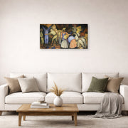 Gallery-wrapped canvas print of Diego Rivera's The Exploiters displayed on a wall in a living room