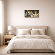 Unframed poster print of Diego Rivera's The Exploiters displayed on a wall in a bedroom
