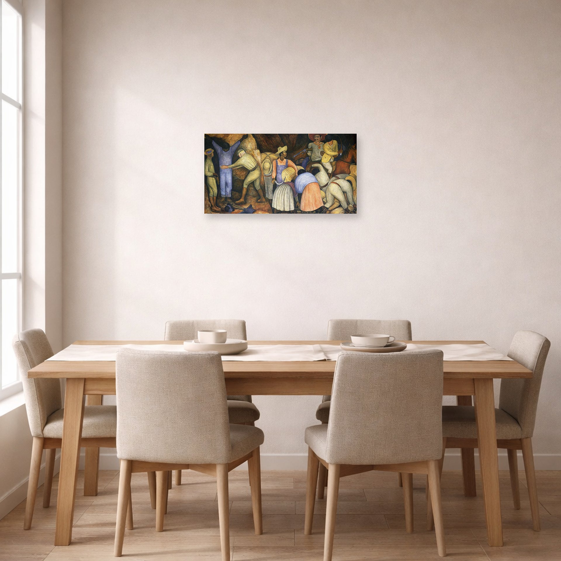 Unframed poster print of Diego Rivera's The Exploiters displayed on a wall in a dining room