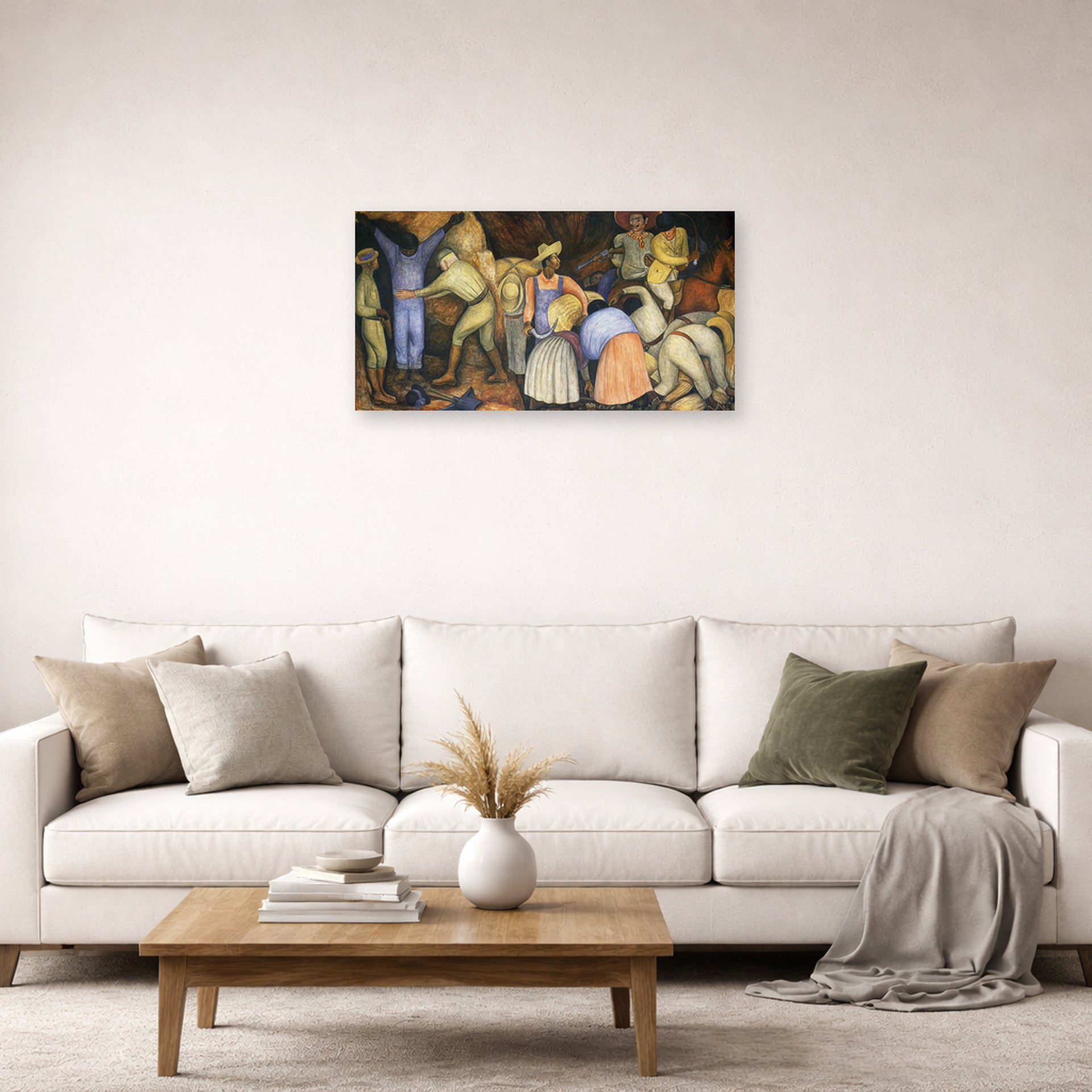Unframed poster print of Diego Rivera's The Exploiters displayed on a wall in a living room