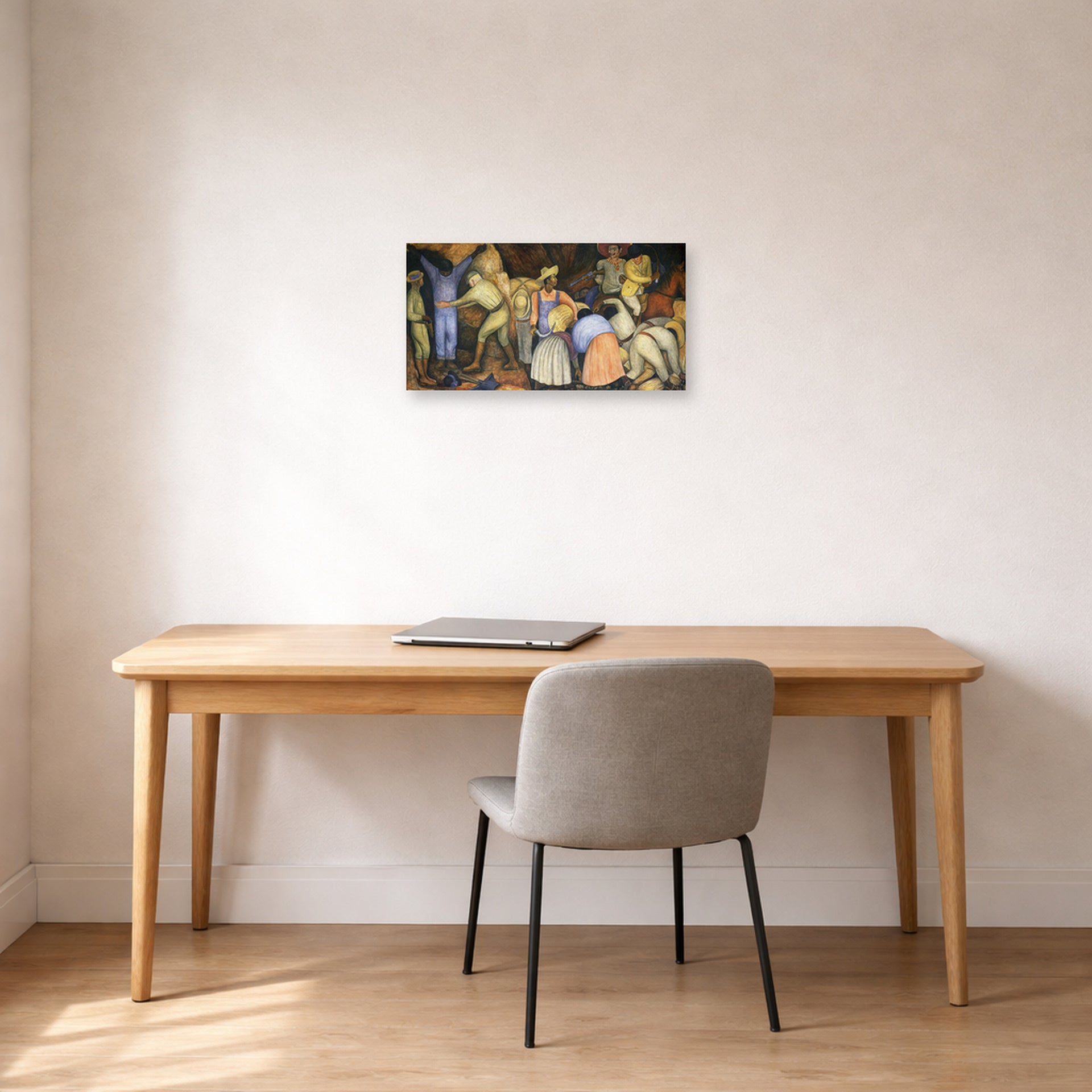 Unframed poster print of Diego Rivera's The Exploiters displayed on a wall in a home office