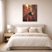 Gallery-wrapped canvas print of Diego Rivera's The House on the Bridge displayed on a wall in a bedroom
