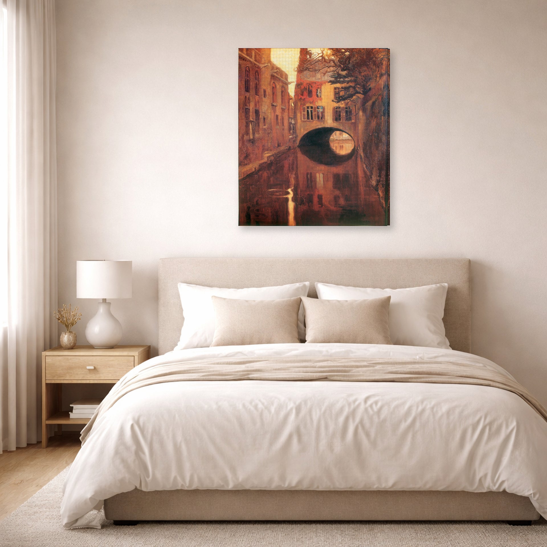 Gallery-wrapped canvas print of Diego Rivera's The House on the Bridge displayed on a wall in a bedroom