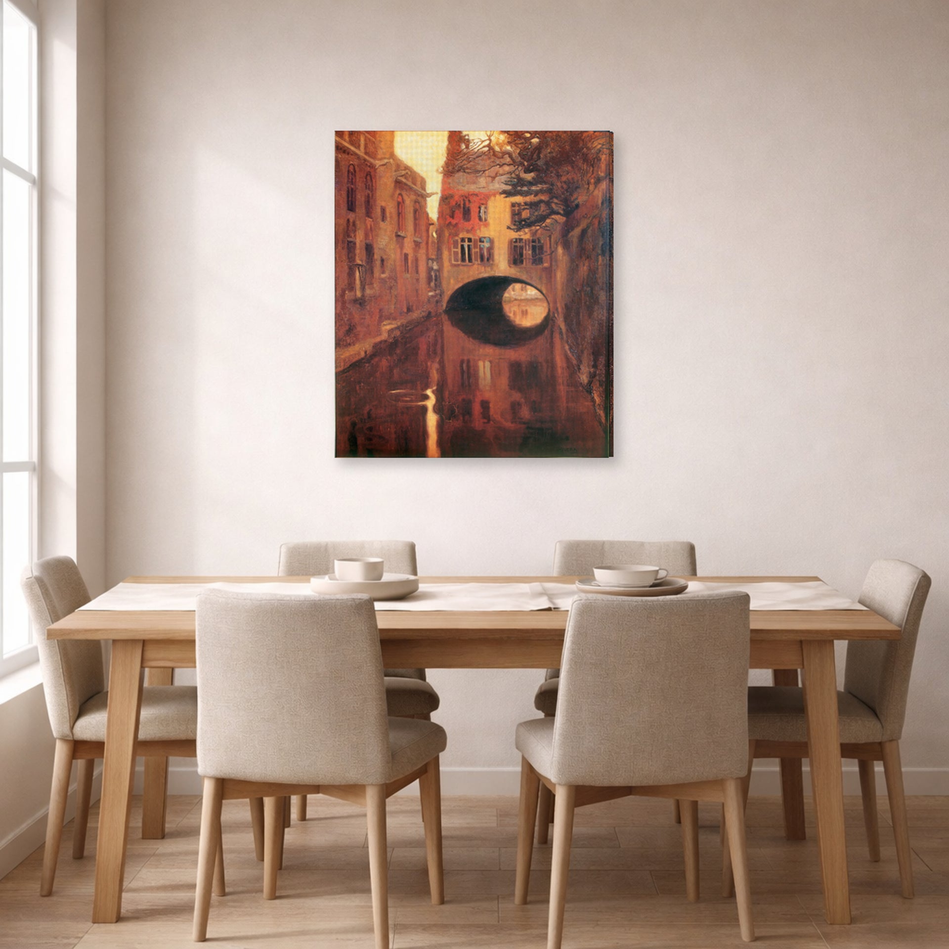 Gallery-wrapped canvas print of Diego Rivera's The House on the Bridge displayed on a wall in a dining room