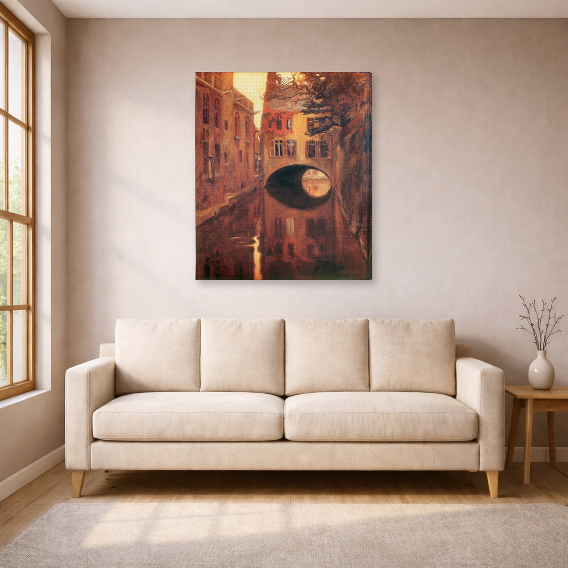 Gallery-wrapped canvas print of Diego Rivera's The House on the Bridge displayed on a wall in a living room