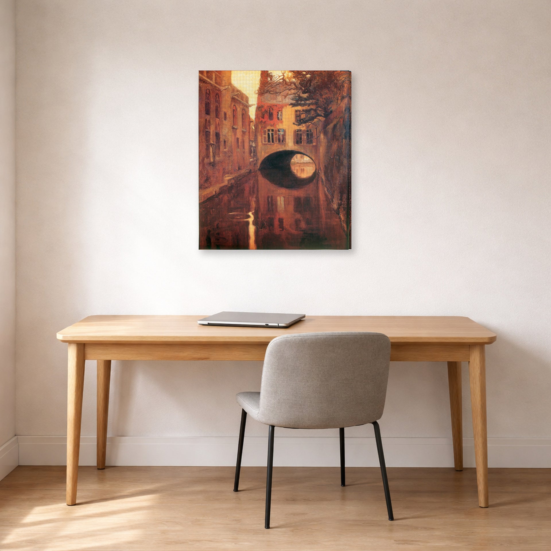 Gallery-wrapped canvas print of Diego Rivera's The House on the Bridge displayed on a wall in a home office