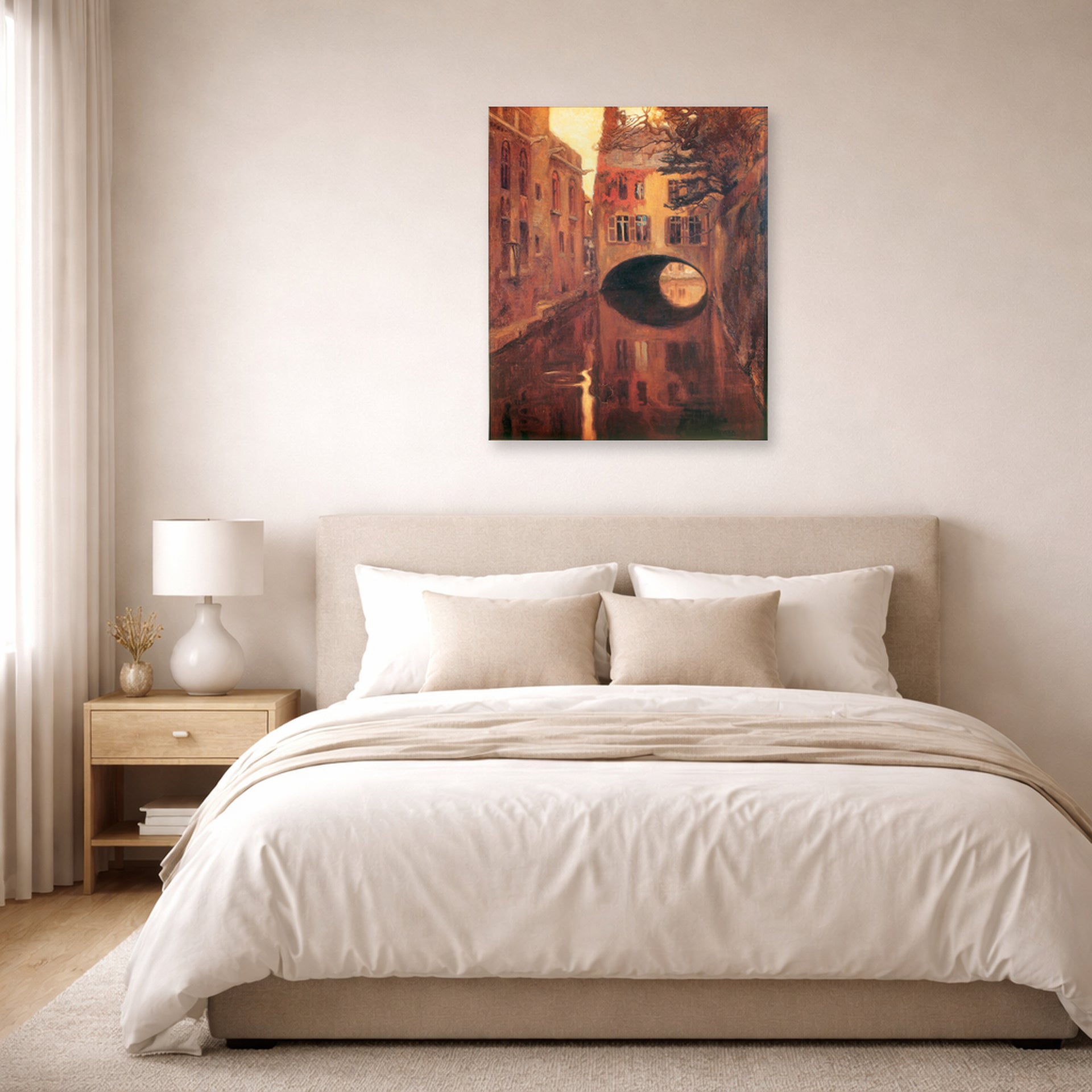 Unframed poster print of Diego Rivera's The House on the Bridge displayed on a wall in a bedroom