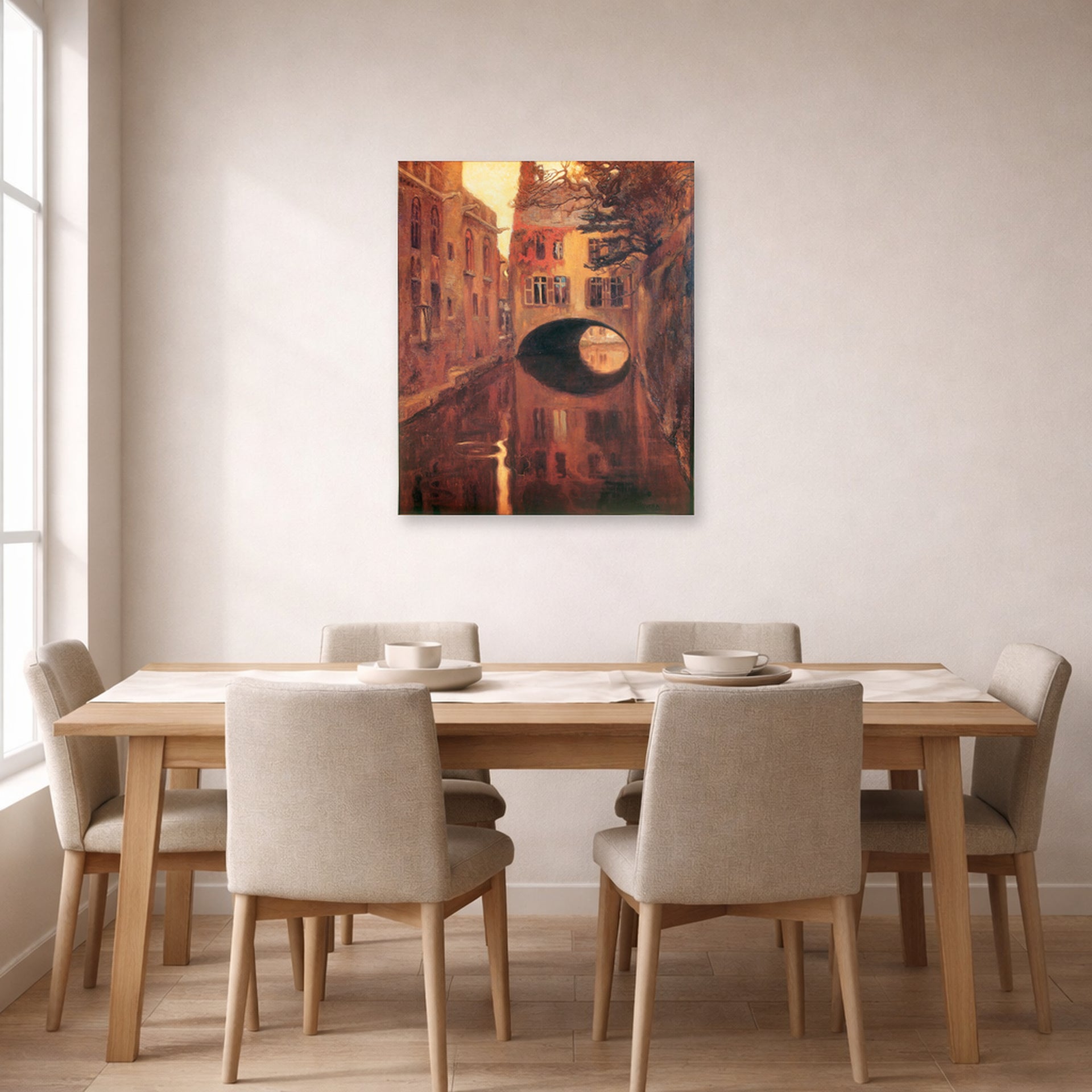 Unframed poster print of Diego Rivera's The House on the Bridge displayed on a wall in a dining room
