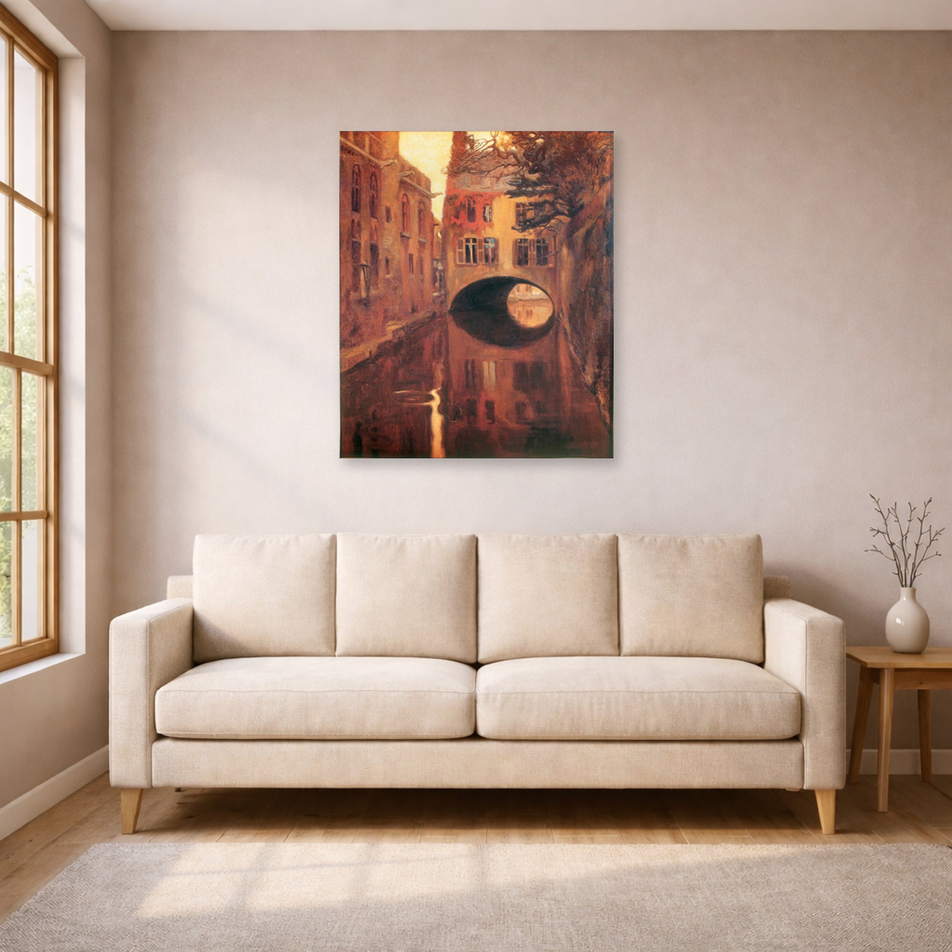Unframed poster print of Diego Rivera's The House on the Bridge displayed on a wall in a living room